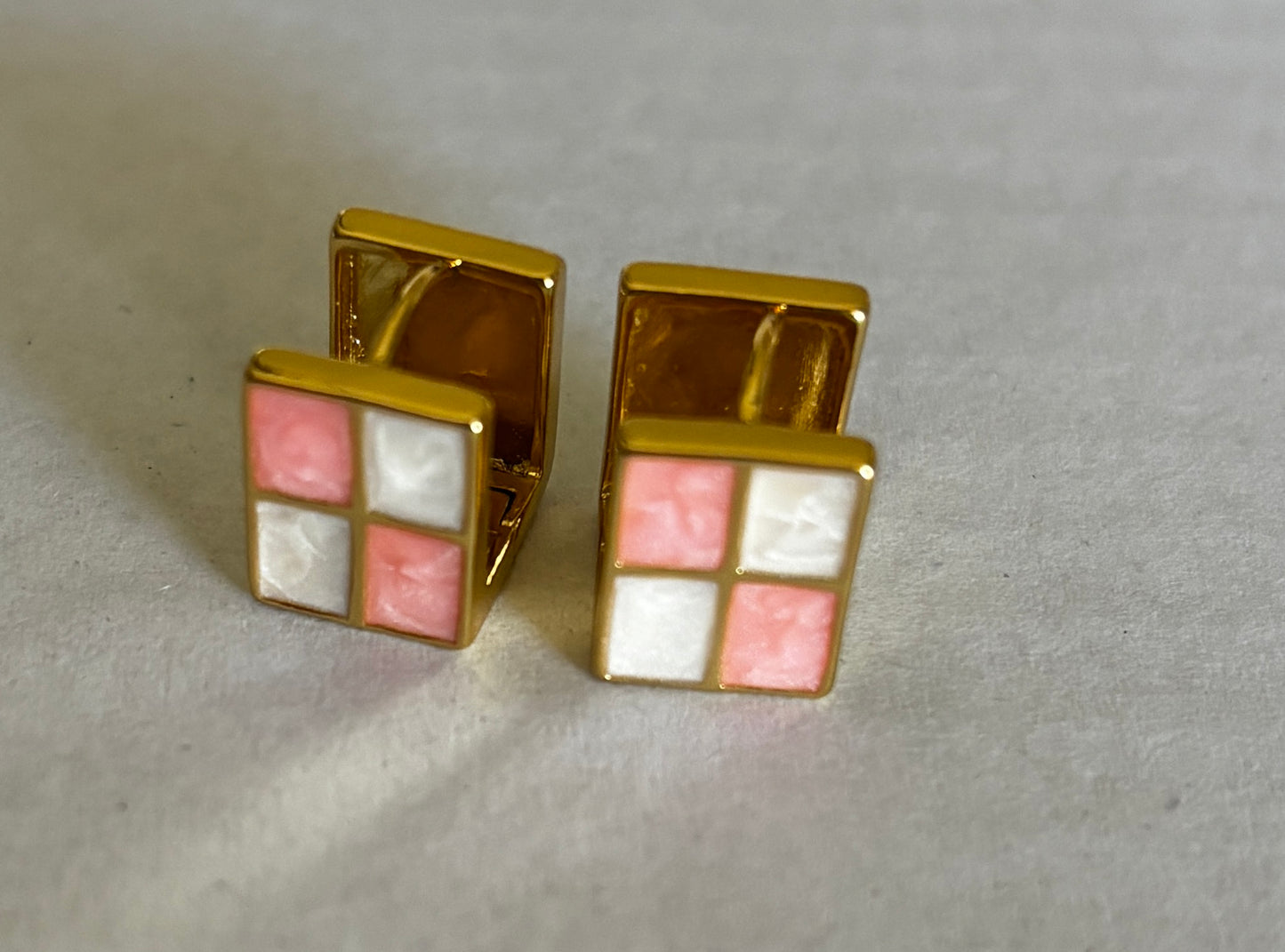 18K Gold Filled Pink Square Checkered Huggie